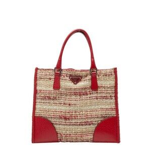 Prada triangular logo knit tote bag red Beige Tan wool leather